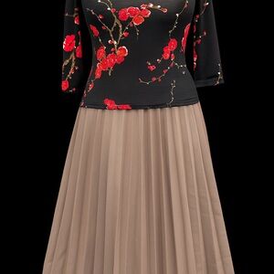 Chic Black Top with Red Floral Design and Tan Skirt